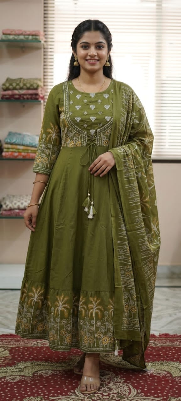 Pure 60/60 Cotton Anarkali Kurti Set with Beautiful Embroidery
