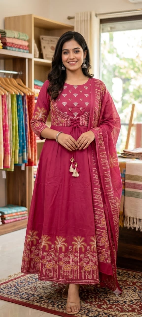 Pure 60/60 Cotton Anarkali Kurti Set with Beautiful Embroidery