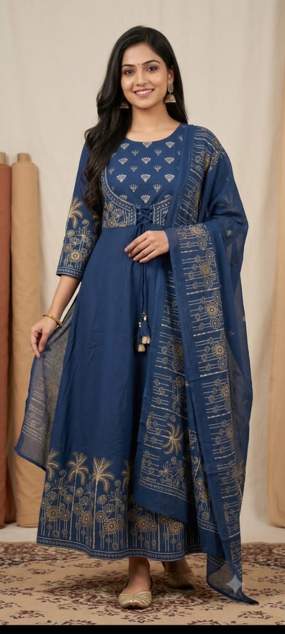 Pure 60/60 Cotton Anarkali Kurti Set with Beautiful Embroidery