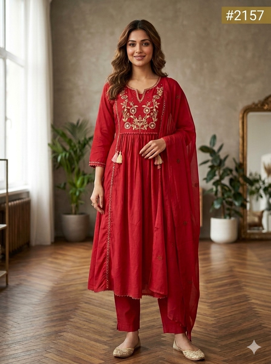 Pure 60/60 Cotton Aline Kurti Set with Beautiful Embroidery