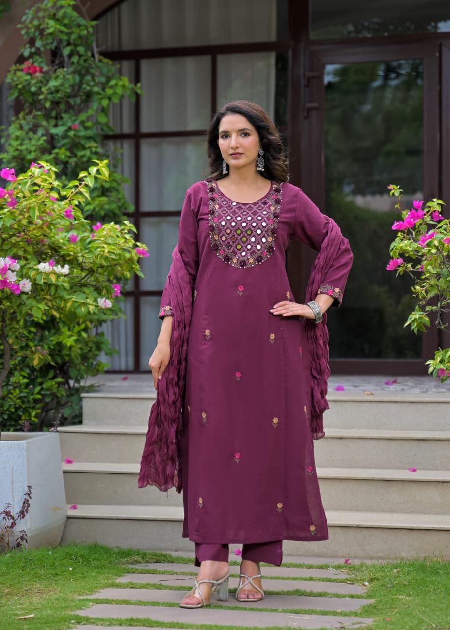 Party Wear Hand Embroidered Kurti Set with Real Mirrors
